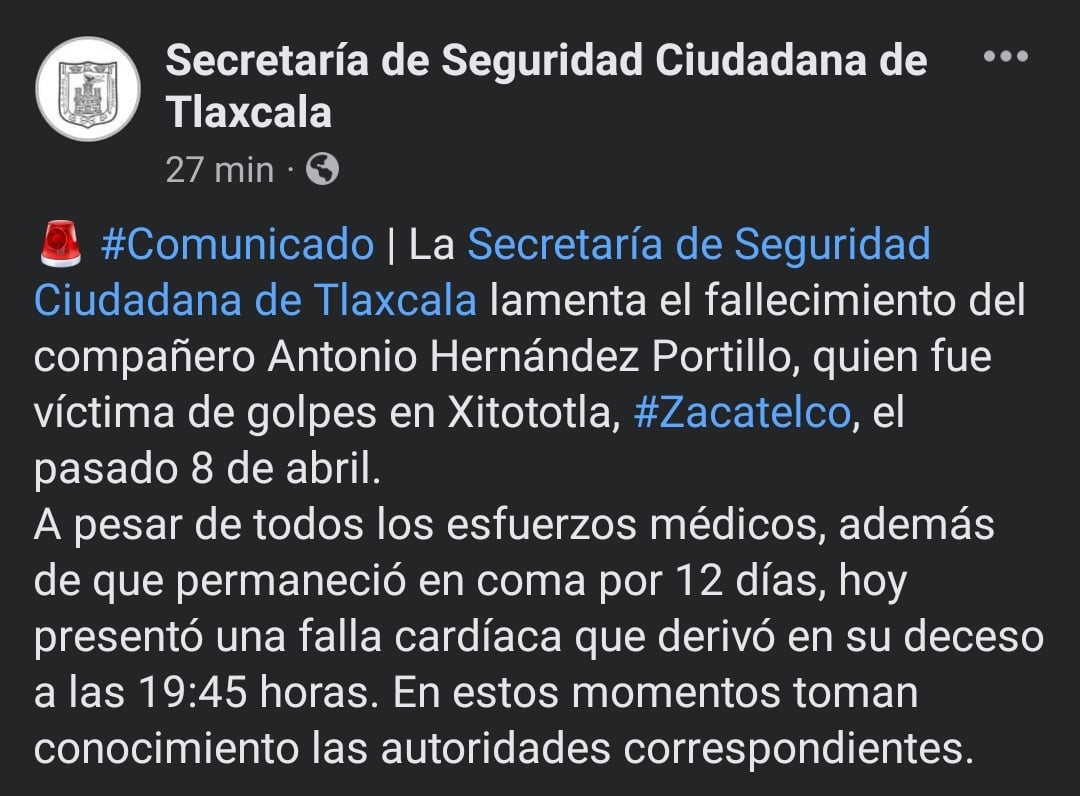 Por: Cortesía Fallece segundo policía linchado por pobladores en Zacatelco