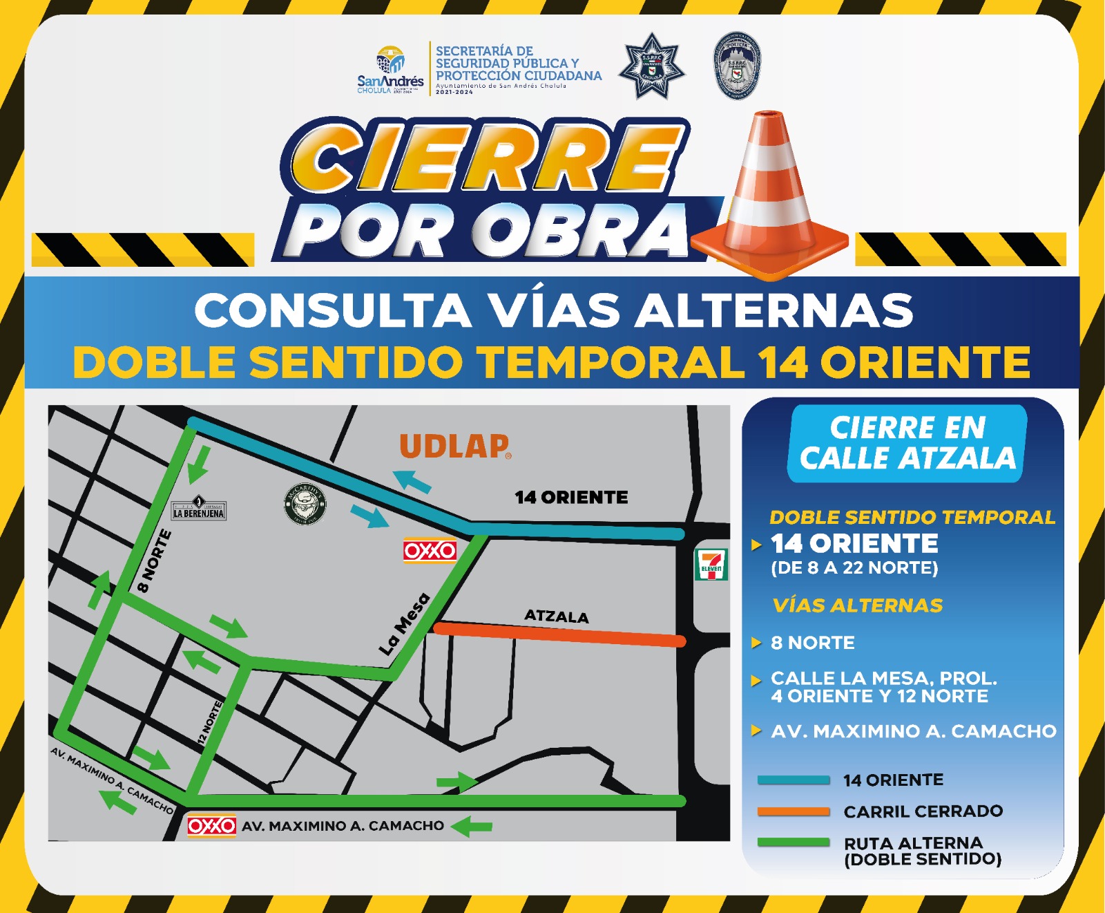 Comunicado oficial Activa San Andrés Cholula doble sentido temporal en la 14 oriente ante cierres de circulación por obras