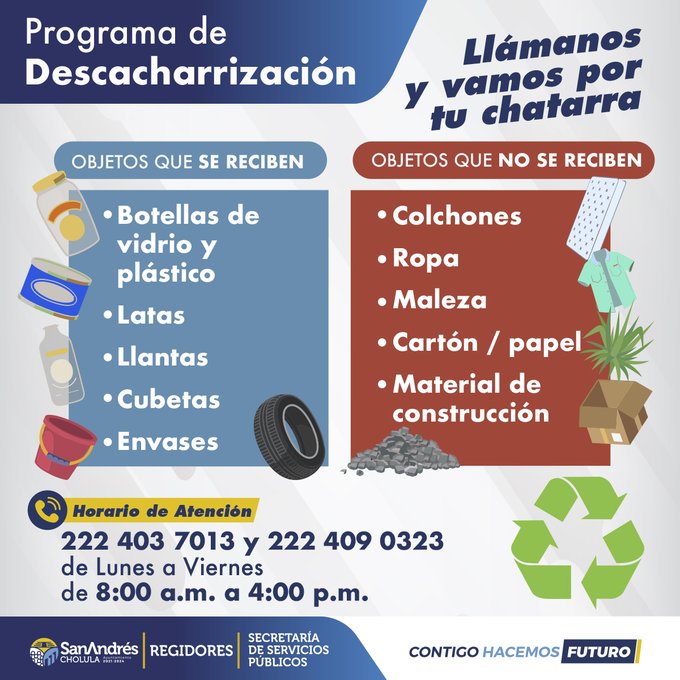 Por: Cortesía Lula Pineda Habilitan programa de “Descacharrización” en San Andrés Cholula