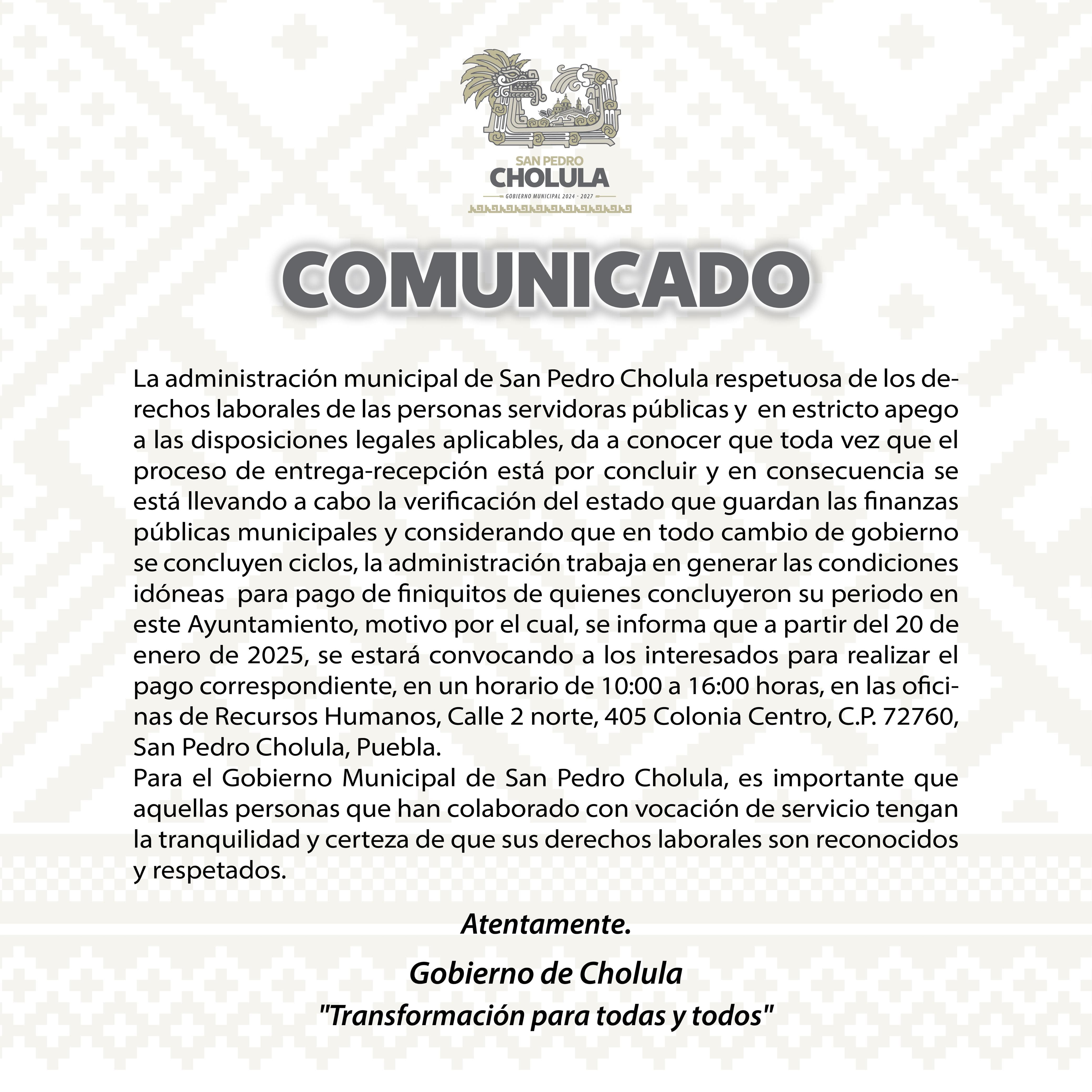 El gobierno San Pedro Cholula anuncia proceso de pago de finiquitos
