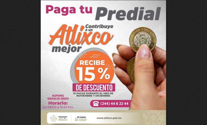 Foto: Cortesía Atlixco ofrece 15% de descuento en el predial: paga antes del 31 de diciembre