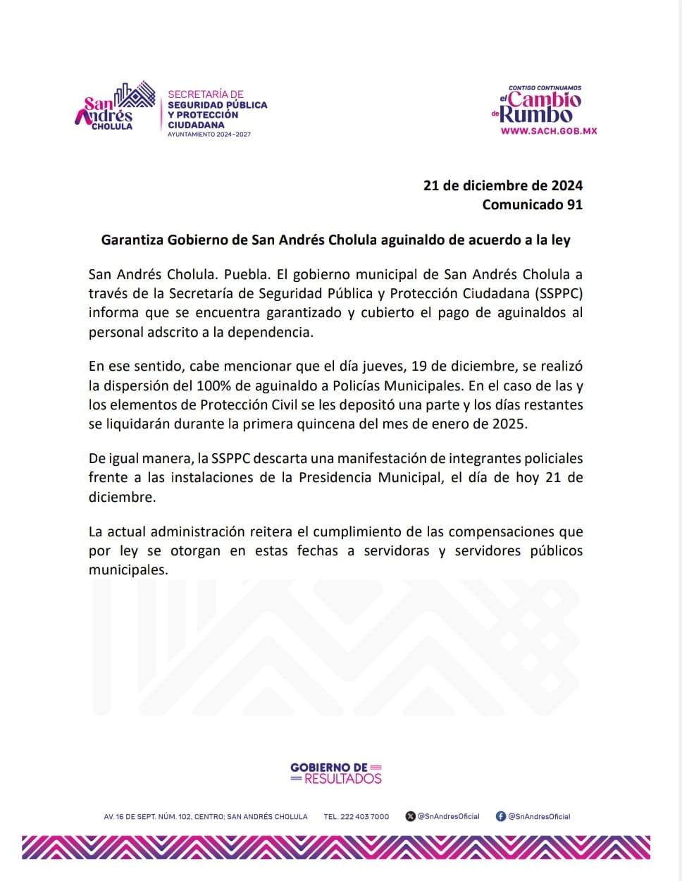 Comunicado oficial Garantiza Gobierno de San Andrés Cholula aguinaldo de acuerdo a la ley
