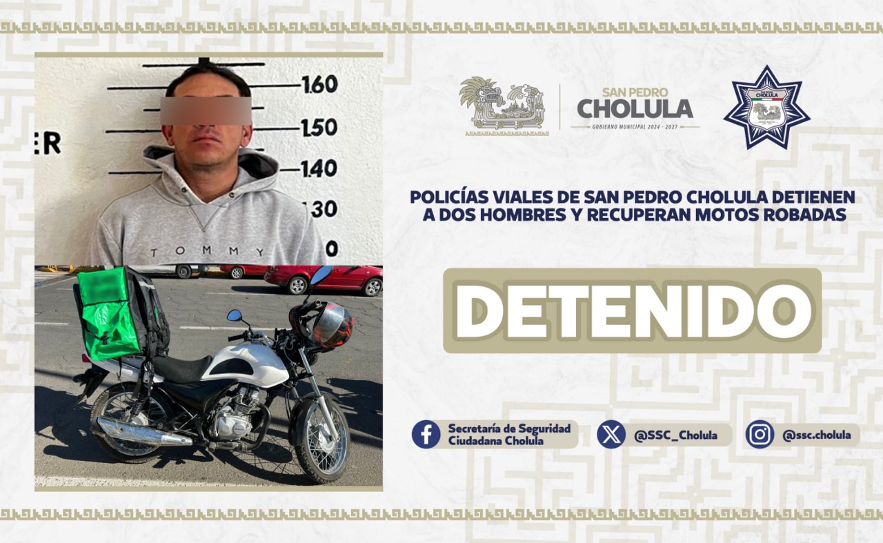 Comunicado oficial Policías viales de San Pedro Cholula detienen a dos hombres y recuperan motos robadas