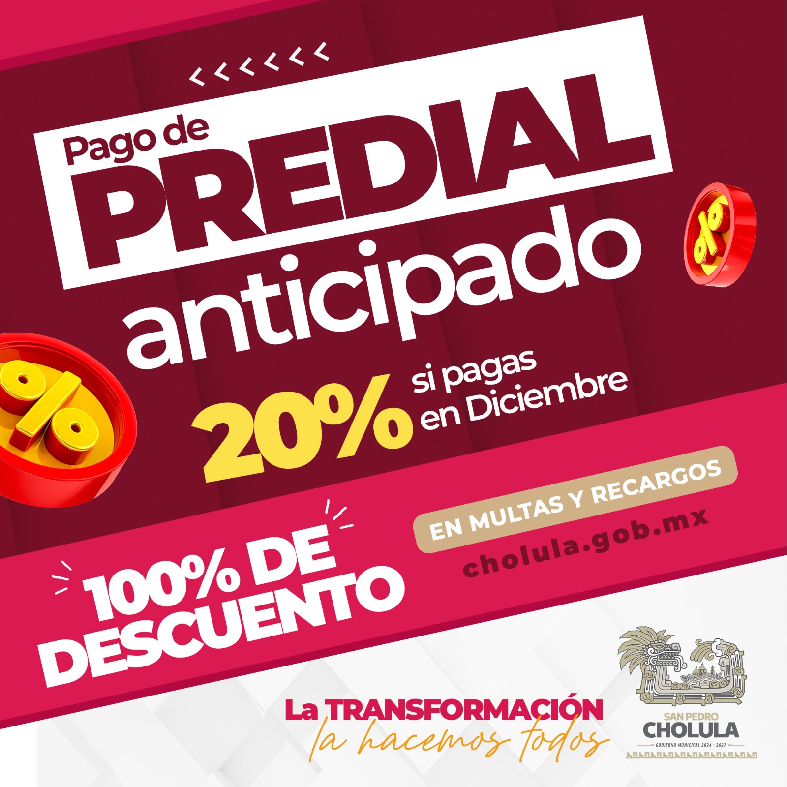 Comunicado oficial Informa Gobierno de Cholula nuevos descuentos para el pago del Predial
