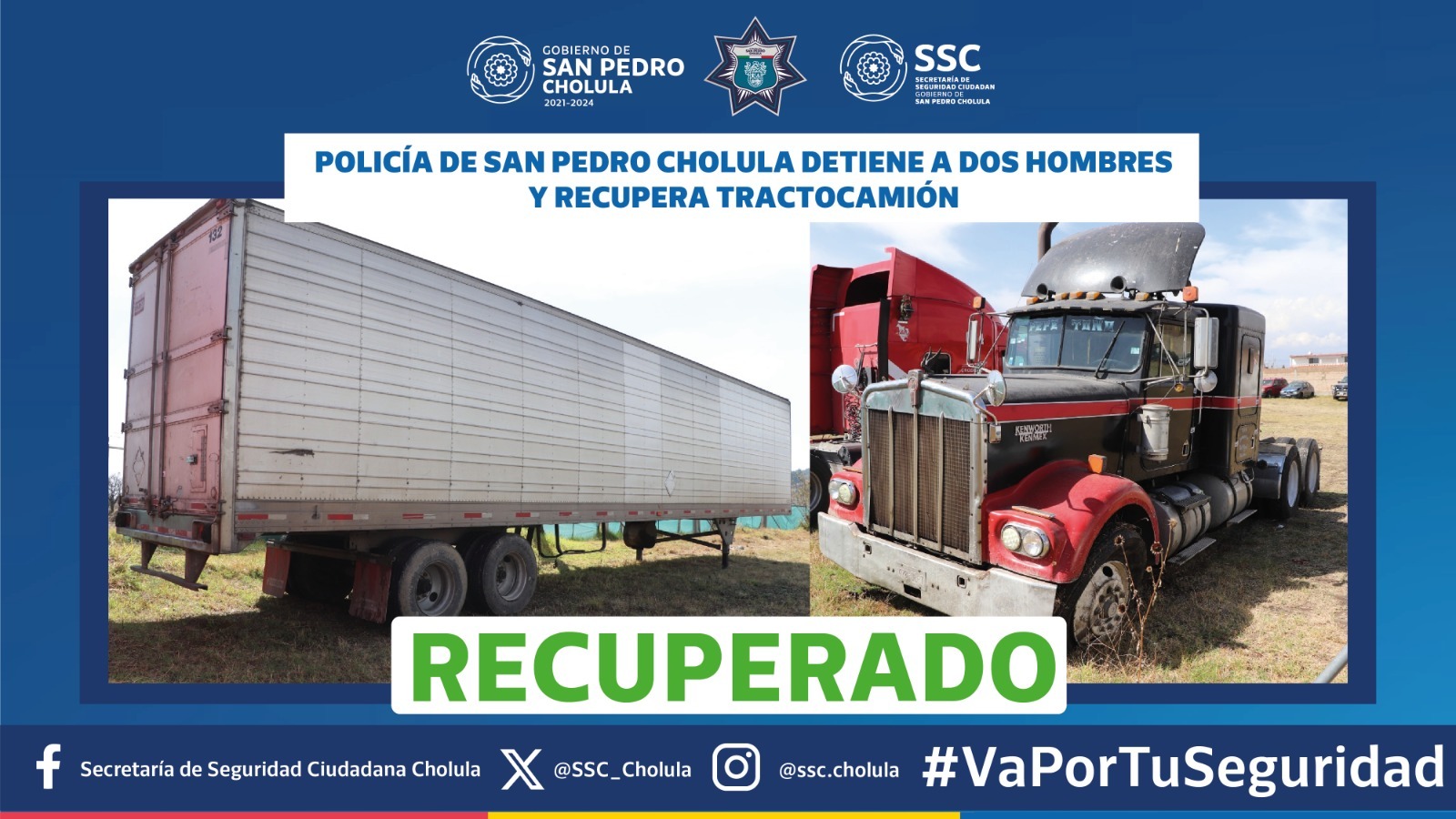 Policía de San Pedro Cholula detiene a dos hombres y recupera tractocamión robado en Xoxtla 