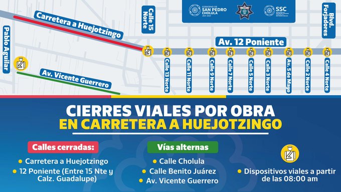 Por: Cortesía Lula Pineda Anuncian cierre temporal en la 12 poniente de San Pedro Cholula por obras de carretera a Huejotzingo