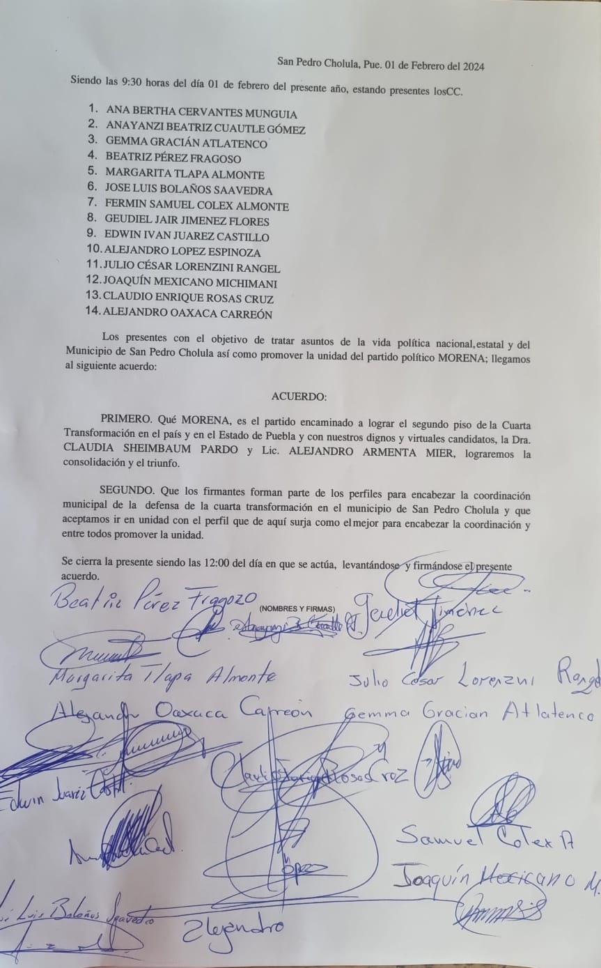 Por: Cortesía Lula Pineda Consolidan unidad y acuerdo: 14 aspirantes a la Coordinación Municipal de los Comités de Defensa de la 4T cholulteca