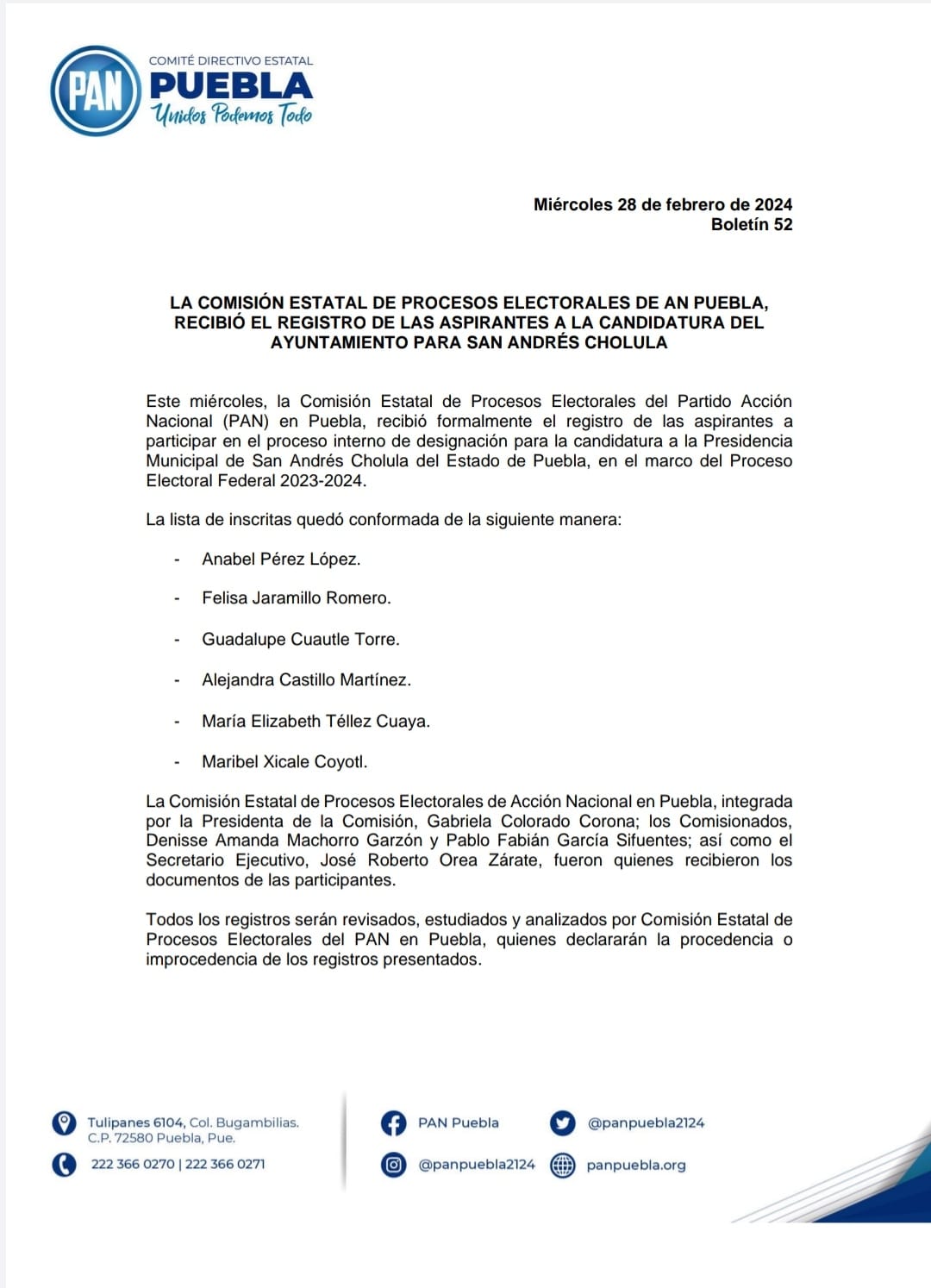 Por: Cortesía Lula Pineda PAN presenta a seis candidatas para la presidencia municipal de San Andrés Cholula