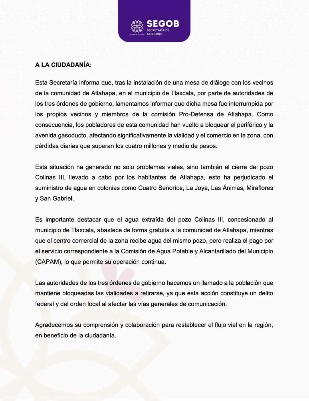 Culpa Segob a vecinos por no lograr acuerdos; perdidas de 4.5 mdp en cierre carretero