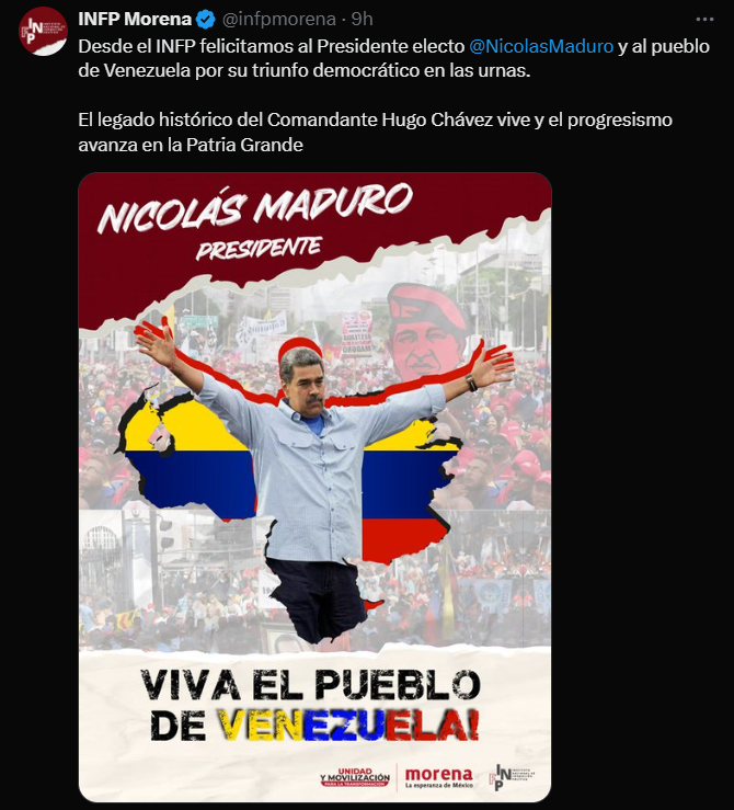 Por: Cortesía El Instituto Nacional de Morena felicita a Nicolas Maduro