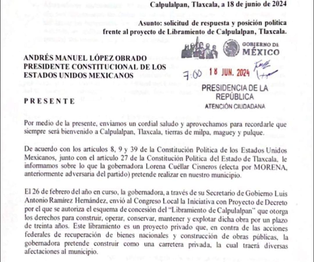 Por: Cortesía A Palacio Nacional, llega petición para exigir alto a proyecto de libramiento de Calpulalpan