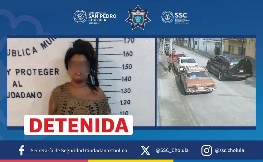 Por: Cortesía Lula Pineda Policía Municipal de Cholula detiene a mujer por presunto robo de celular