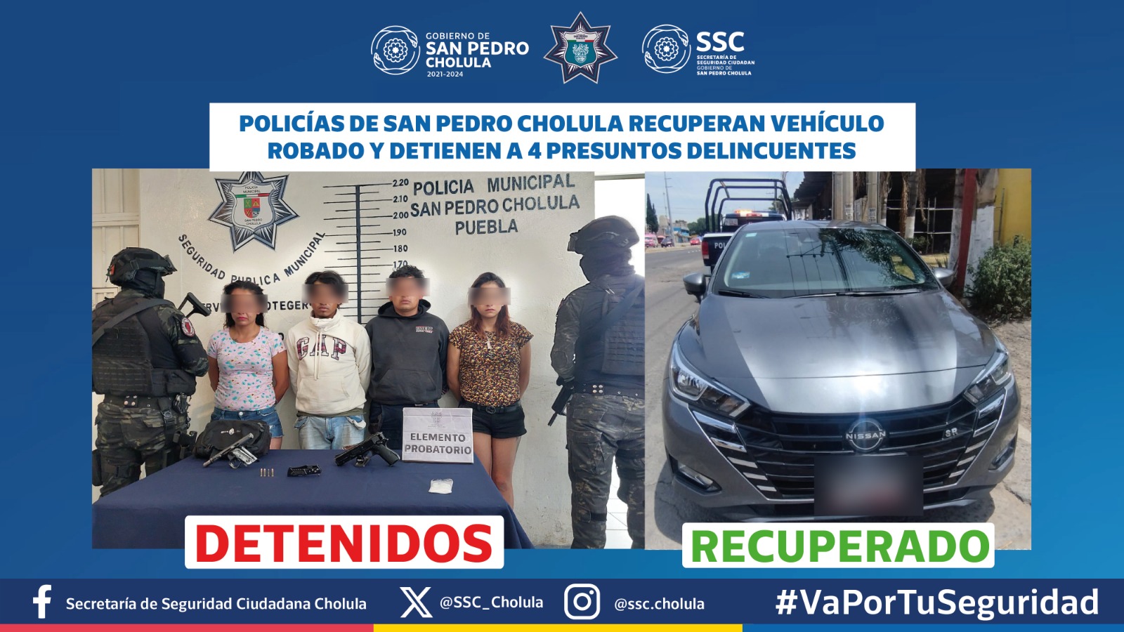 Comunicado oficial Policías de San Pedro Cholula recuperan vehículo robado y detienen a 4 presuntos delincuentes