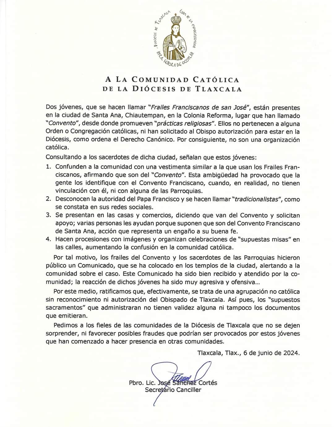 Por: Especial  Alerta Diócesis de Tlaxcala por Franciscanos apócrifos en Chiautempan