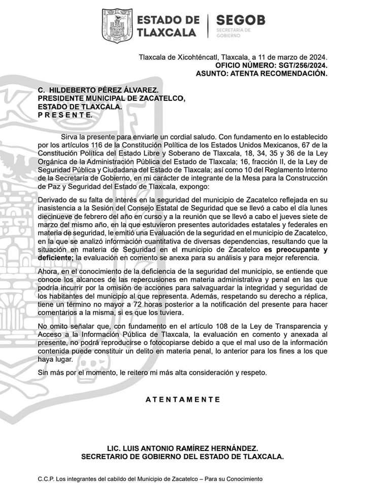 Por: Cortesía “Preocupante” inseguridad en Zacatelco; advierte SEGOB de acciones penales