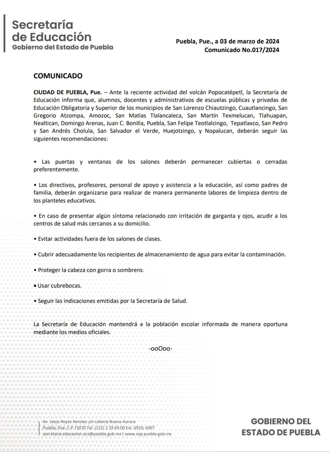 Por: Cortesía Lula Pineda Municipios aledaños al Popocatépetl reciben instrucciones de la SEP ante contingencia volcánica