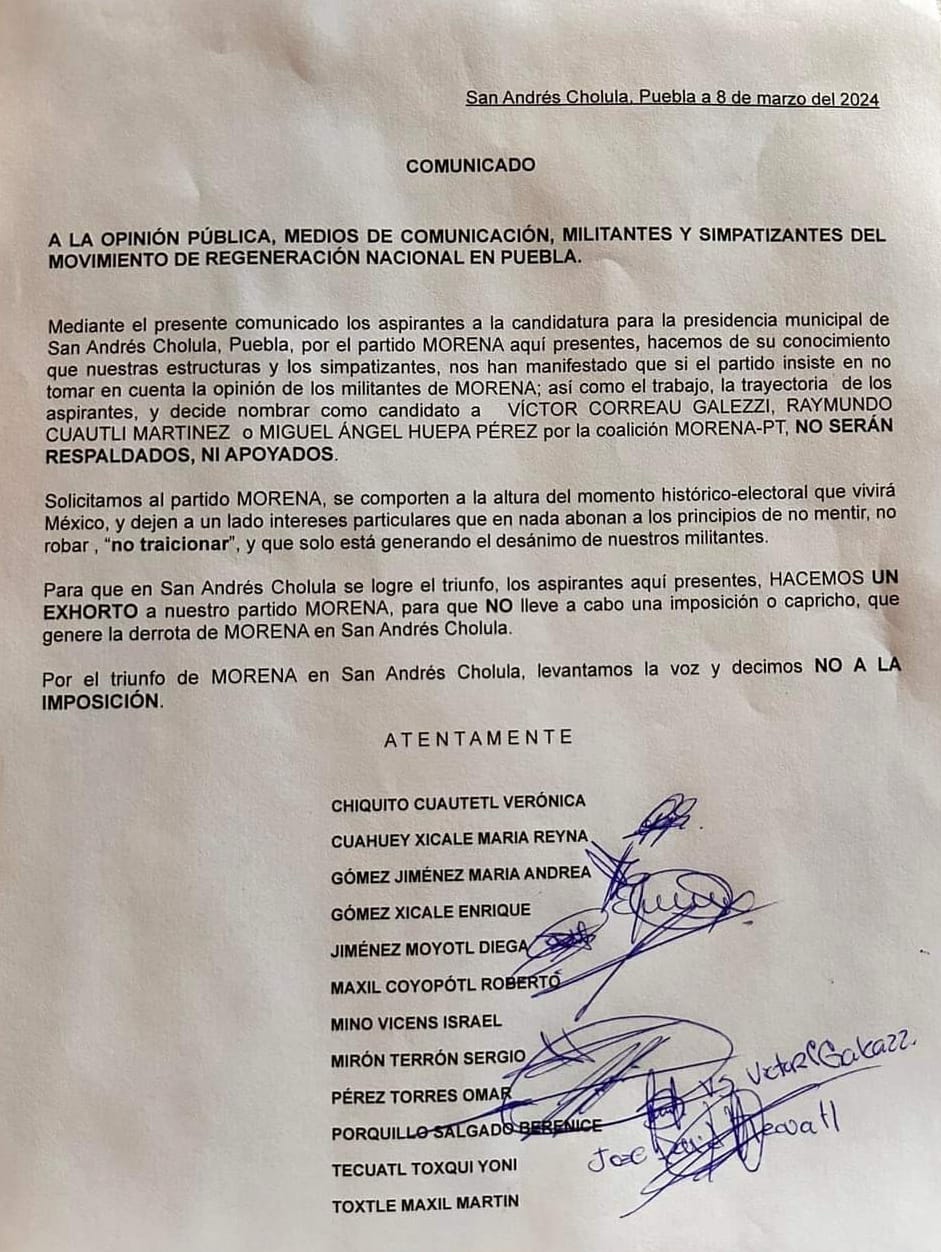 Por: Cortesía Lula Pineda Aspirates a la lcaldia de San Andrés Cholula lanzan exhorto a Morena por unidad y no imposición