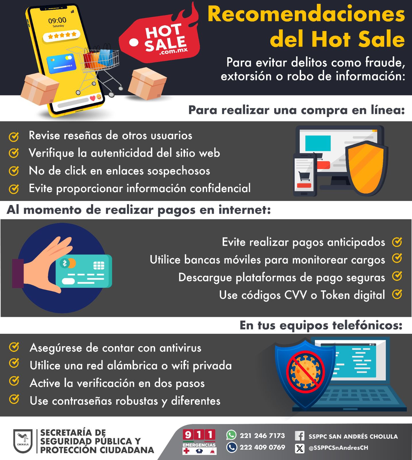 Comunicado oficial Emite policía de San Andrés Cholula recomendaciones para evitar fraudes durante el Hot Sale 2024