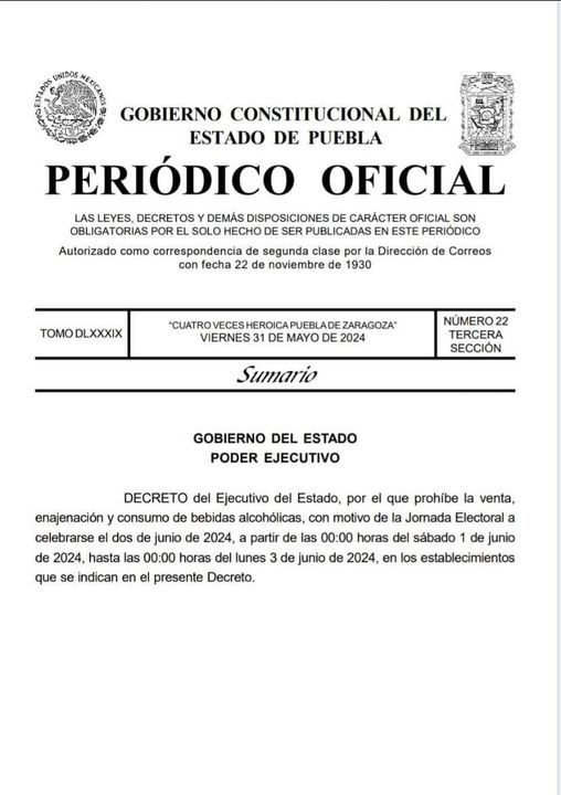 Por: Cortesía Lula Pineda Ley Seca en San Pedro Cholula este fin de semana por elecciones como en los 216 municipios de Puebla