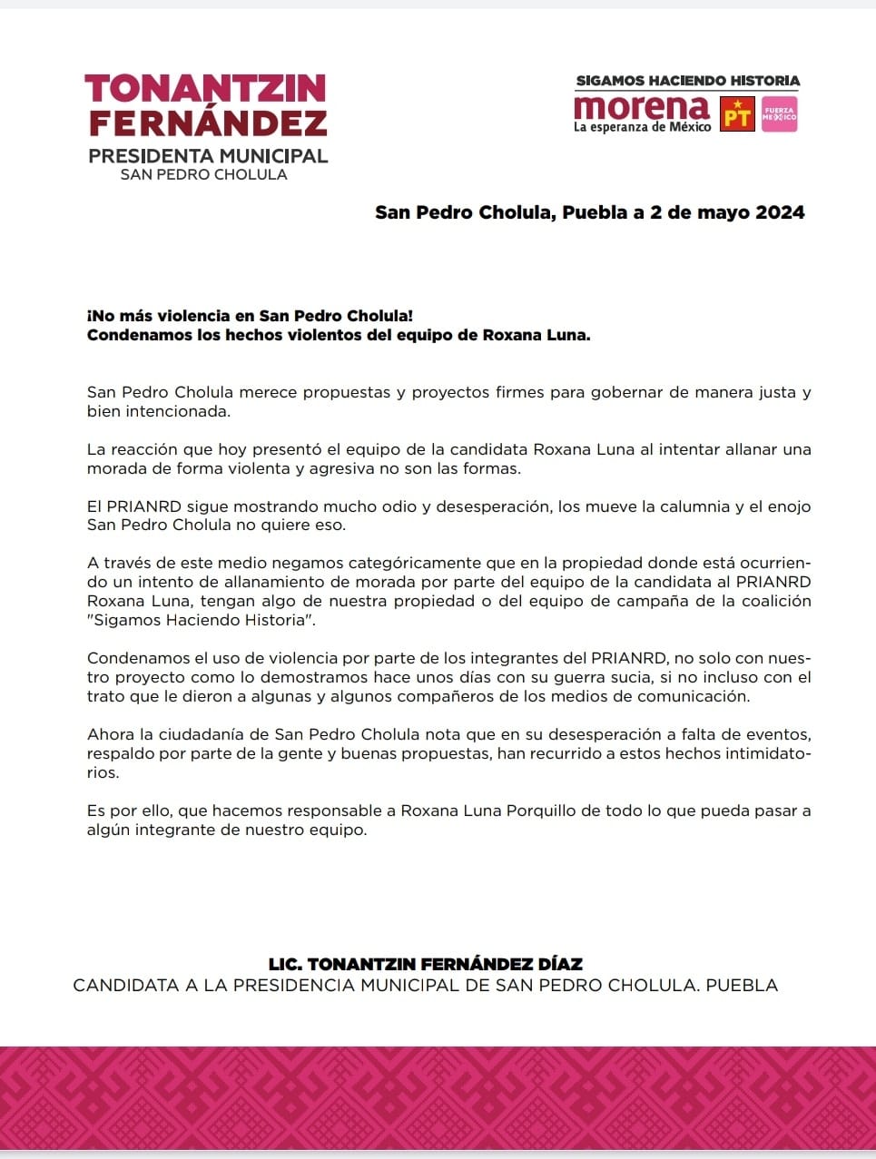Por: Cortesía Lula Pineda San Pedro Cholula demanda propuestas y proyectos sólidos para un gobierno justo y bien intencionado: Tonantzin Fernández