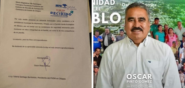 Por: Cortesía Candidato de PV en Chiapas renuncia por inseguridad
