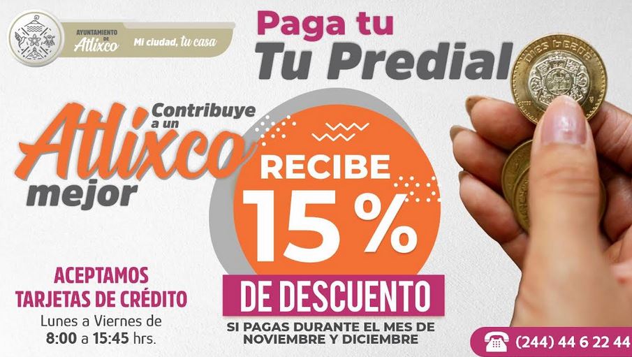 Por: Cortesía Atlixco ofrece 15% de descuento en pago predial 2024 para contribuyentes