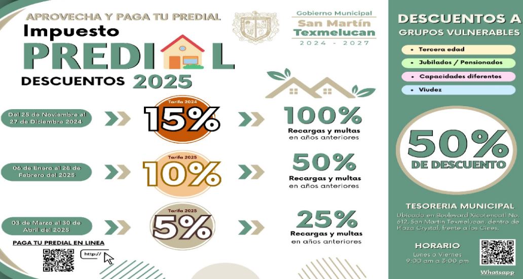 Por: Cortesía ¡Aprovecha descuentos en el pago del predial 2025 en Texmelucan!