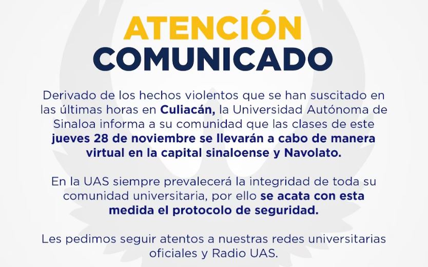 Foto: Cortesía UAS suspende clases presenciales en Culiacán y Navolato por violencia