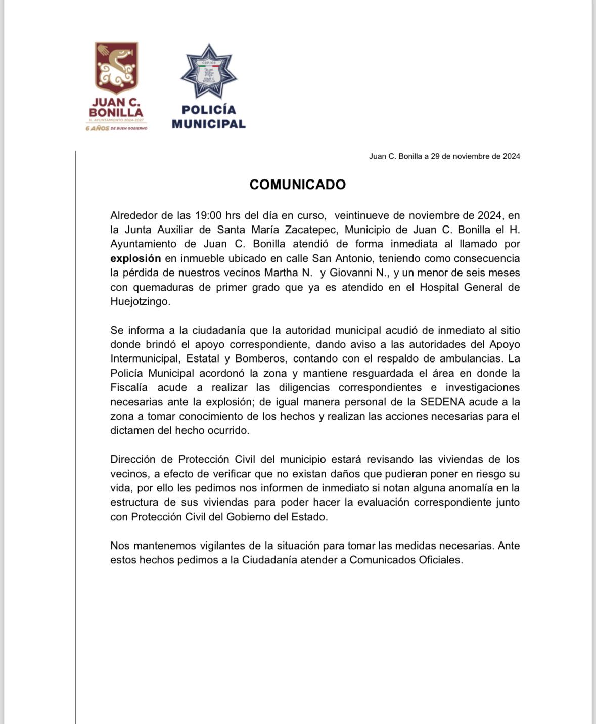 juan c. bonilla atiende explosion