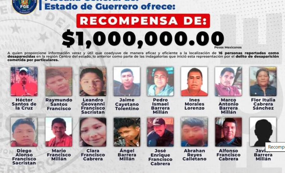 Por: Cortesía Fiscalía de Guerrero ofrece recompensa de $1 millón por información sobre 16 personas desaparecidas