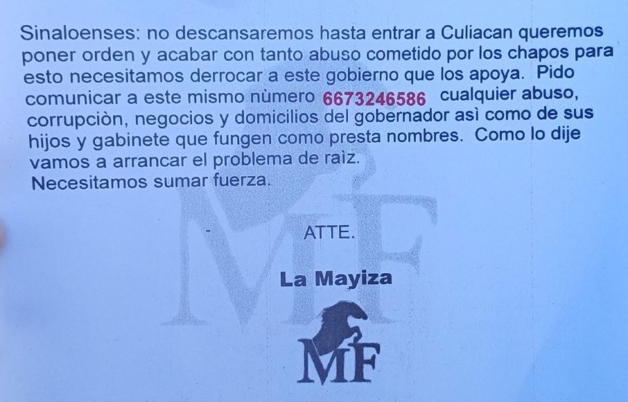 Por: Cortesía La Mayiza arroja volantes en Culiacán acusando de corrupción al gobierno