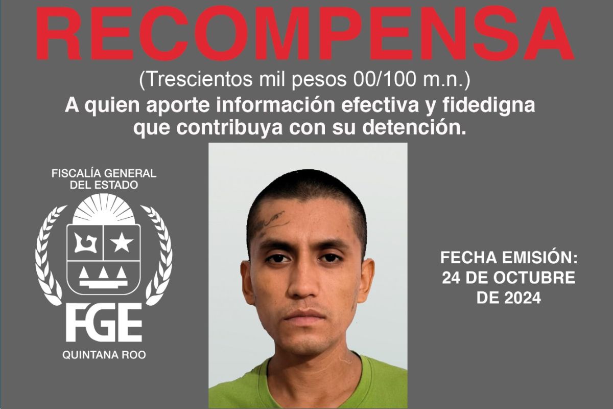 Por: Cortesía Recompensa de 300 mil pesos para capturar a Gilberto Guzmán de Dios, fugitivo de cereso en Cancún