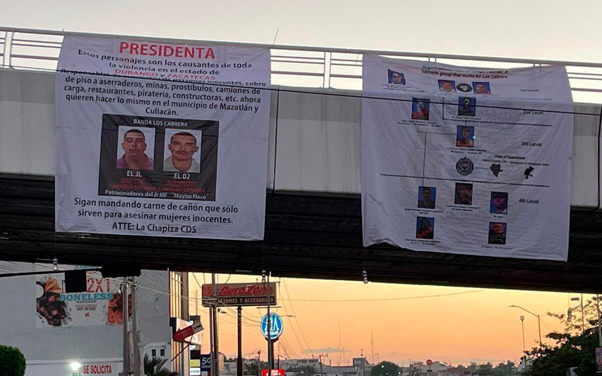 Por: Cortesía Mantas en Culiacán advierten sobre violencia de “Los Cabrera” a Sheinbaum