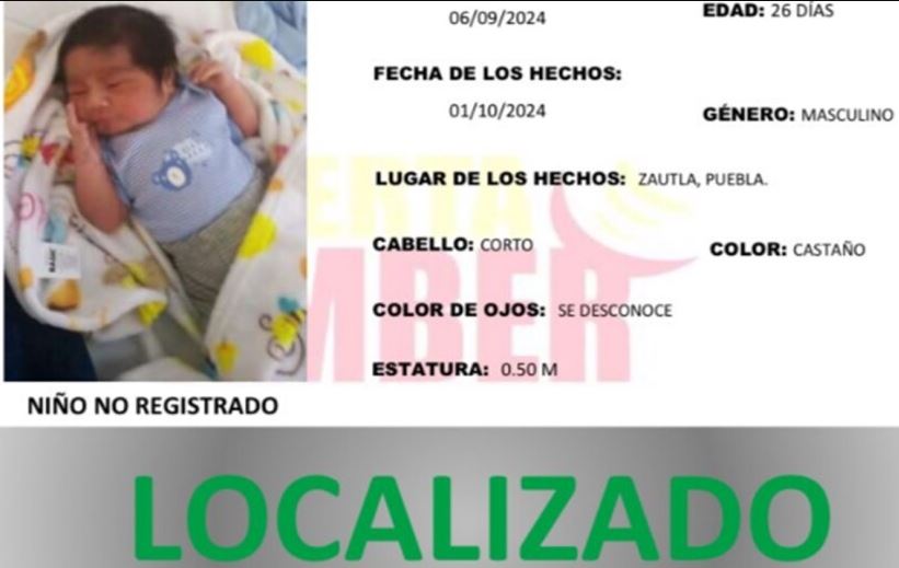 Por: Cortesía Localizan al bebé robado en Zautla, Puebla: Fiscalía desactiva Alerta Amber