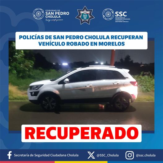 Por: Cortesía Lula Pineda Policías de la SSC Cholula recuperan vehículo robado en Morelos