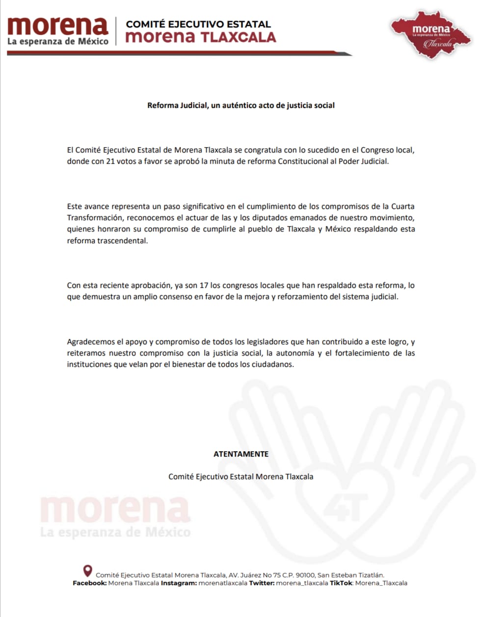 Reforma Judicial, un auténtico acto de justicia social: Morena Tlaxcala
