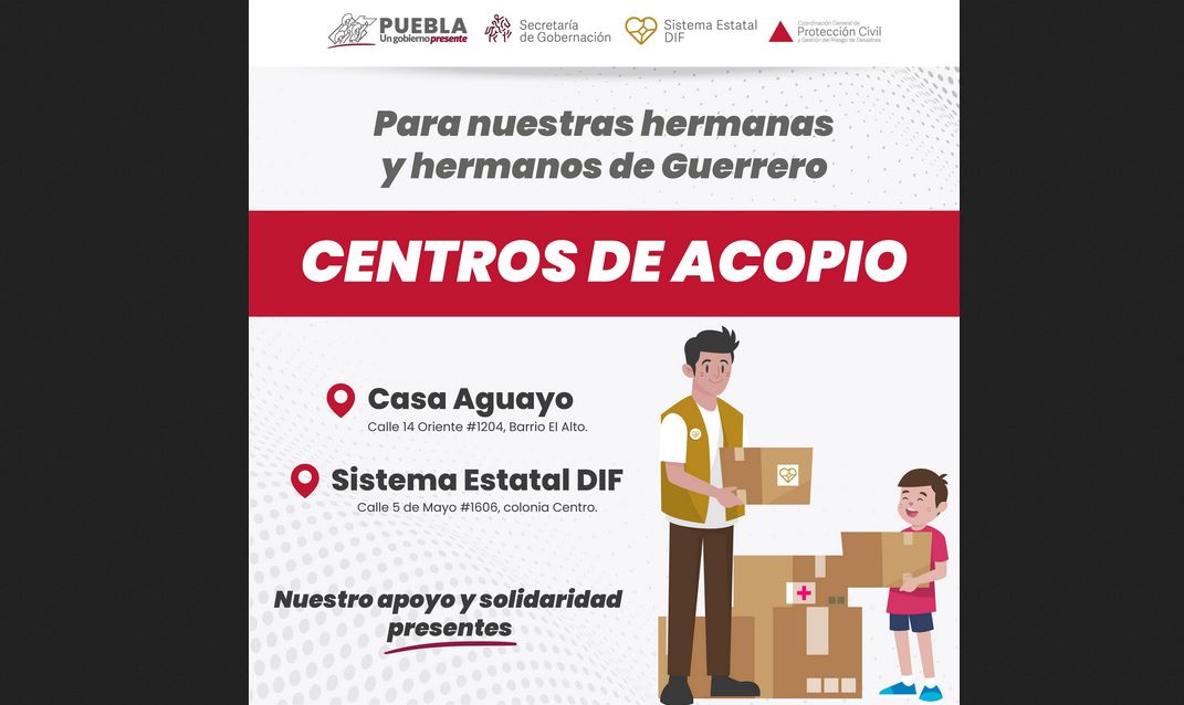 Por: Cortesía Puebla habilita centros de acopio para apoyar a damnificados por John