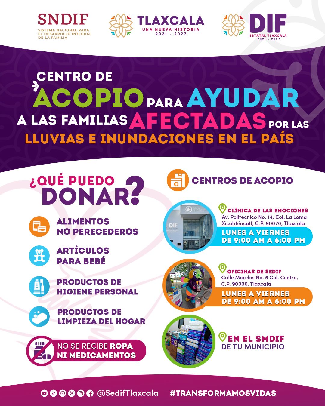 Por: Cortesía ¡Ayuda a las Familias Afectadas por las Inundaciones! Únete a la Colecta de Sedif Tlaxcala