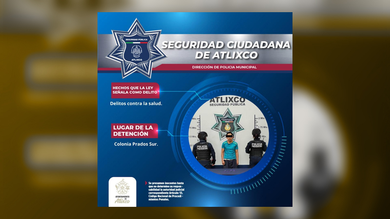 Foto: Cortesía Detienen en Atlixco a joven por agresión y posesión de presunta droga