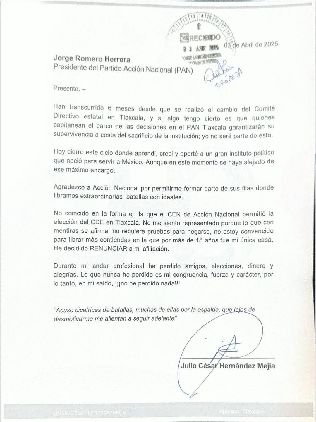 Sigue desbandada en el PAN Tlaxcala, ahora exalcalde de Apizaco