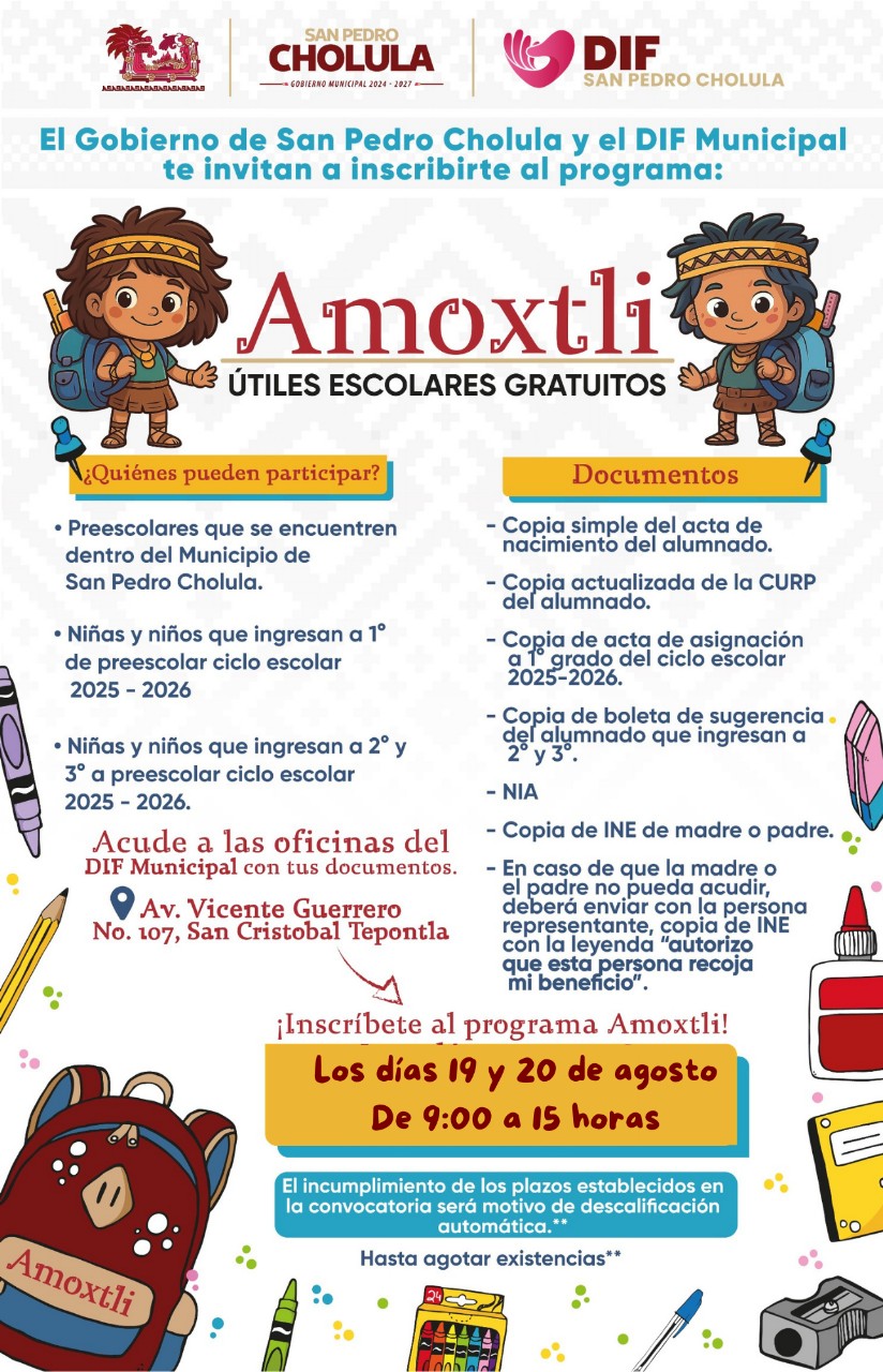 Continúa abierto el registro para la entrega de útiles escolares gratuitos a niñas y niños en San Pedro Cholula