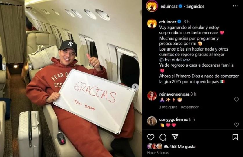 Foto: Cortesía Eduin Caz supera cirugía de cuerdas vocales y tranquiliza a sus fans
