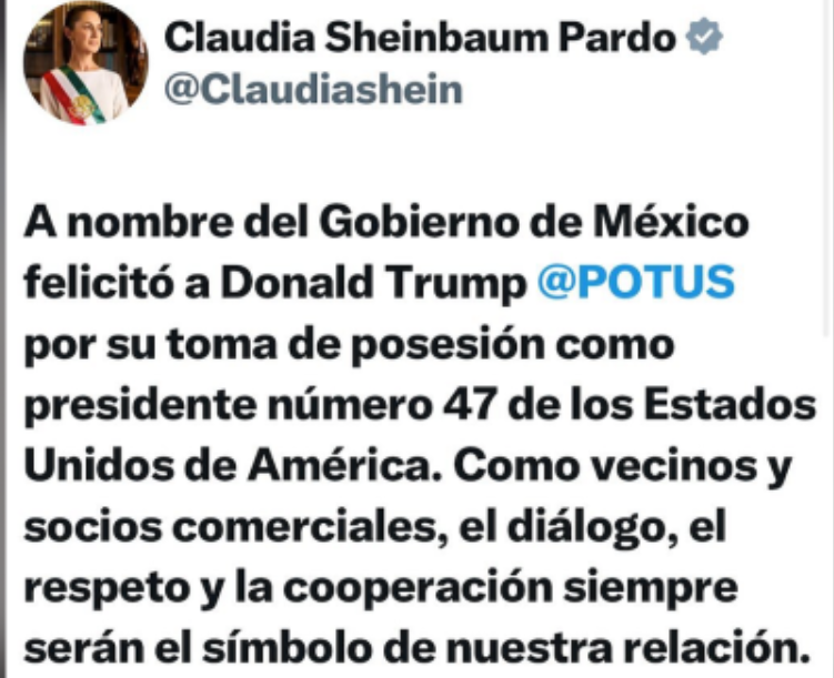 Foto: Cortesía Claudia Sheinbaum felicita a Donald Trump por su toma de posesión