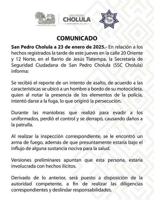 Por: Cortesía Lula Pineda Detienen a ladrón de motocicleta en San Pedro Cholula tras persecución