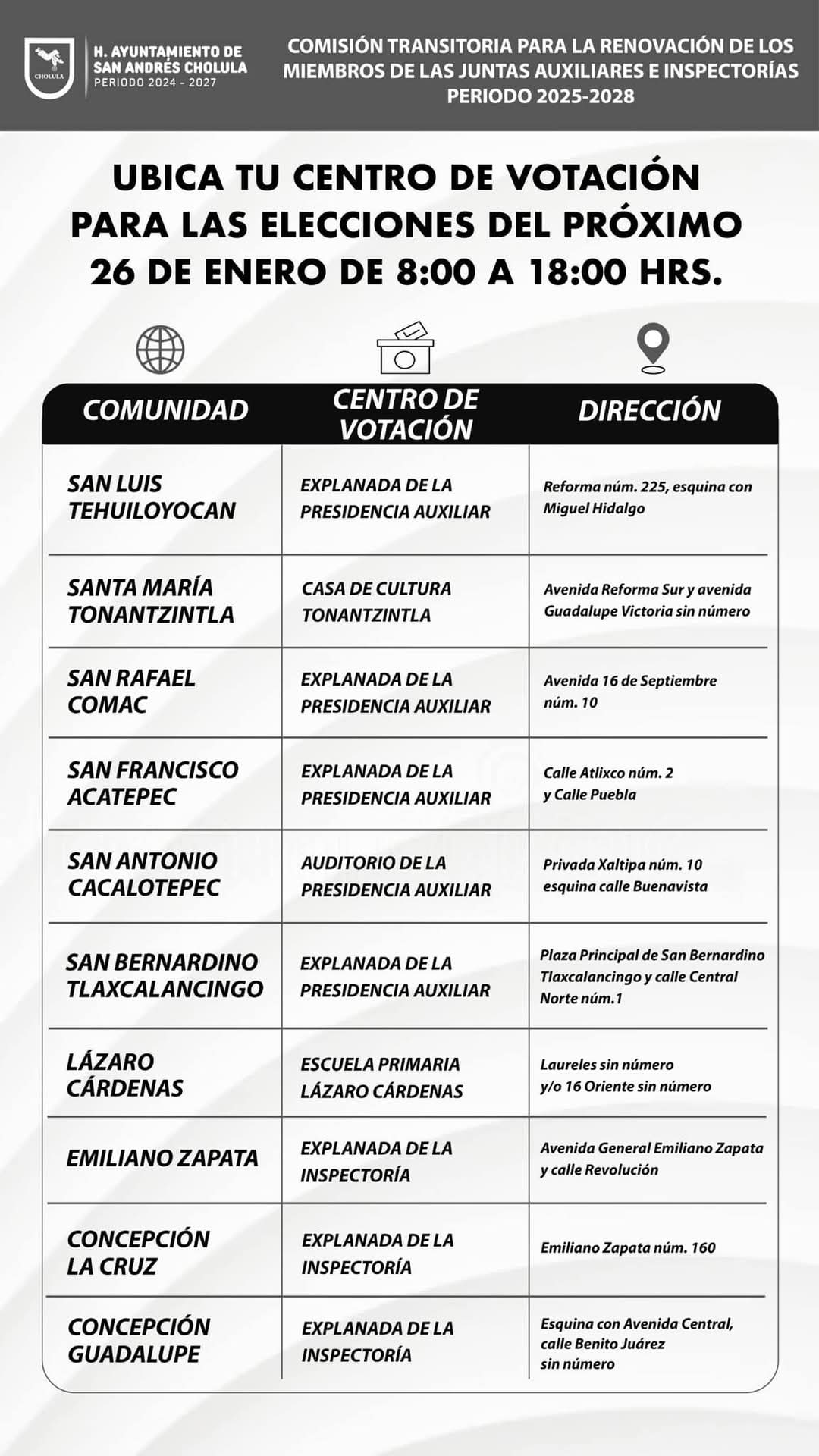 Comunicado oficial Inicia en completo orden la jornada de votación en juntas auxiliares e inspectorías de San Andrés Cholula