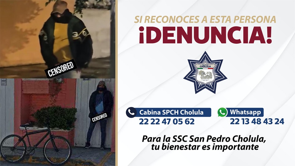 Por: Cortesía Lula Pineda Exhorta la SSC Cholula a la ciudadanía a colaborar para localizar a presunto acosador