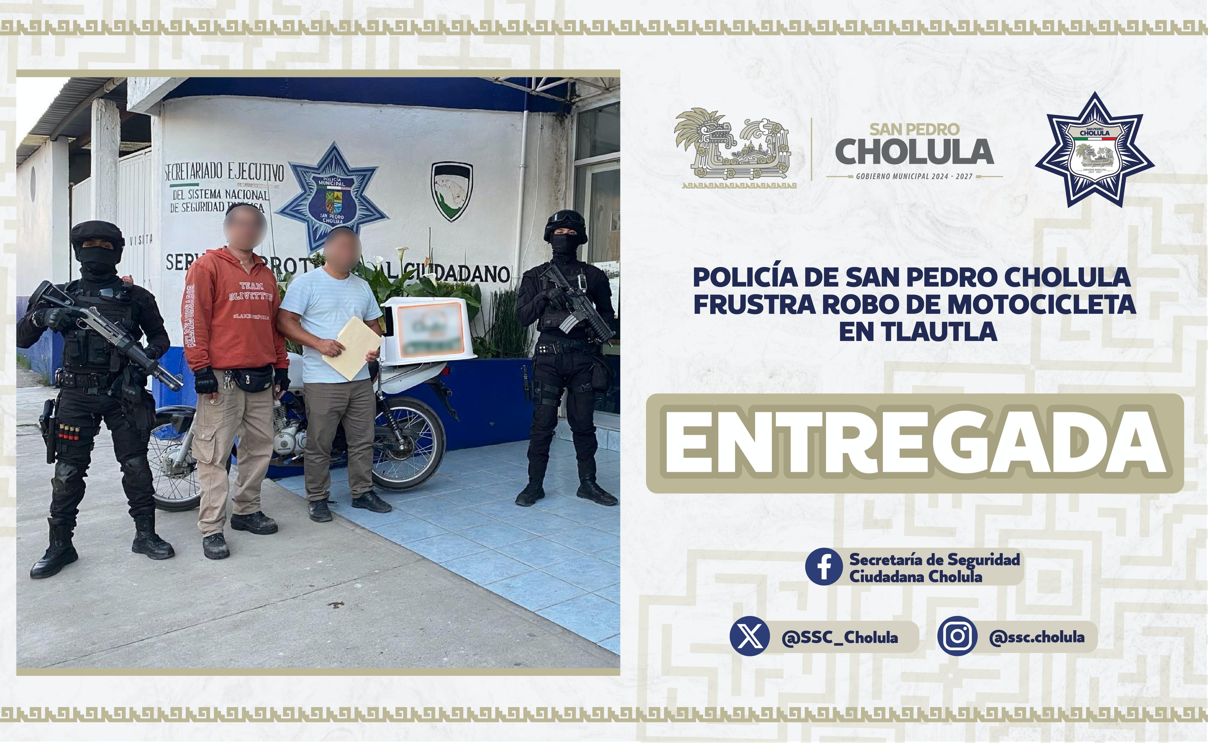 Comunicado oficial Policía de San Pedro Cholula frustra robo de motocicleta en Tlautla