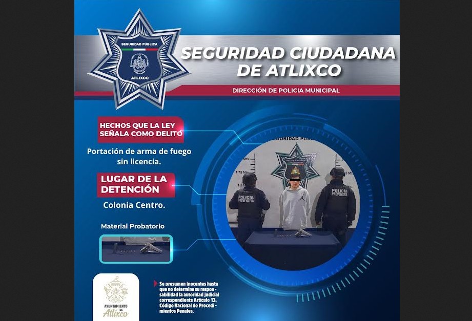 Foto: Cortesía Detienen a hombre armado en el centro de Atlixco