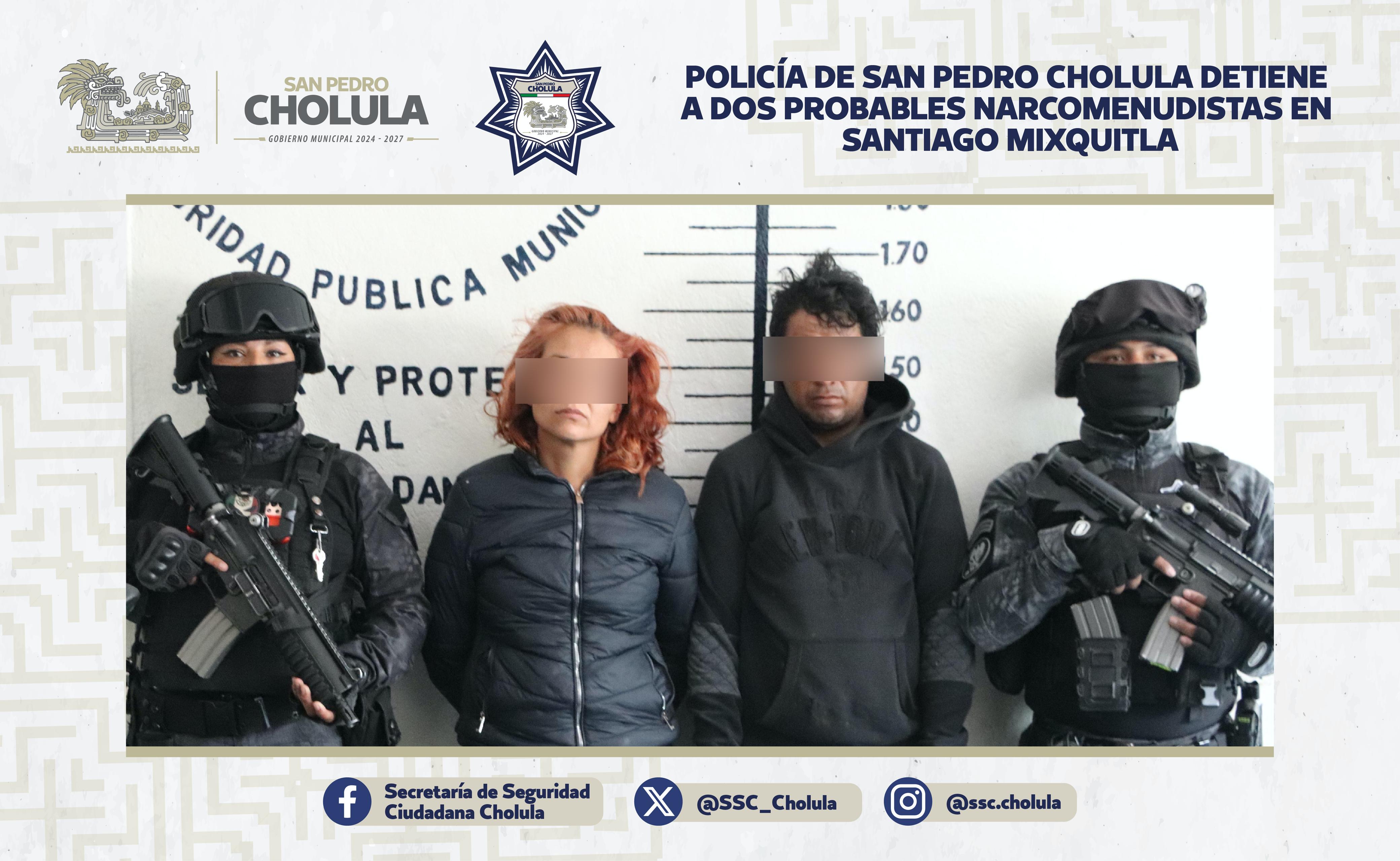 Comunicado oficial Policía de San Pedro Cholula detiene a dos probables narcomenudistas en Santiago Mixquitla