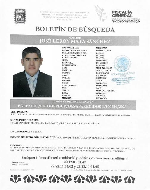 Por: Cortesía Lula Pineda Intensifican búsqueda de ciclista desaparecido en Cholula